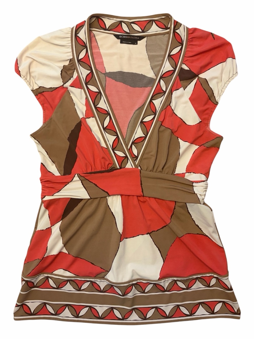 BCBGMAXAZRIA Y2K Coral, Brown & Cream V-Neck Wrap Top